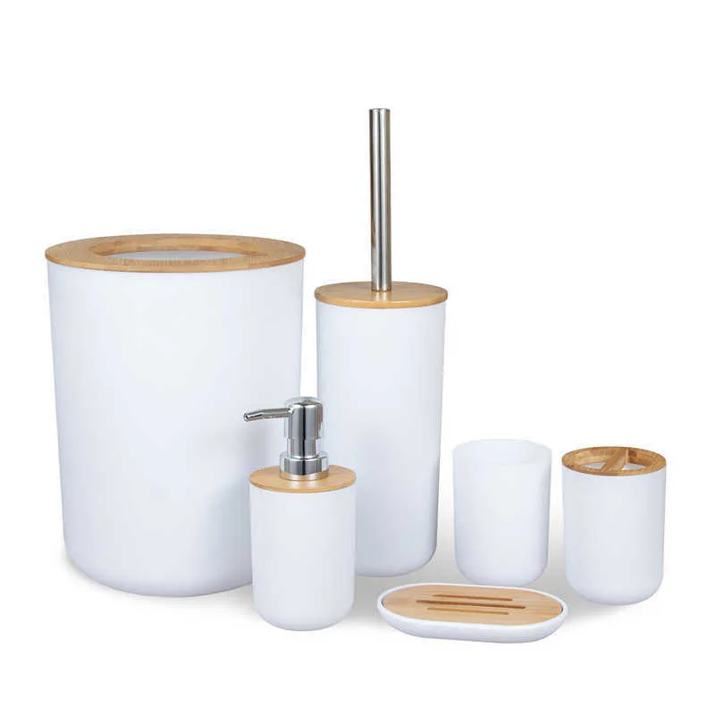 Dish Waste Bin Cup Bamboo Wooden Bathroom Accessories Set Toilet Brush Soap Dispenser Kitchen Countertop Freestanding Home el 210709