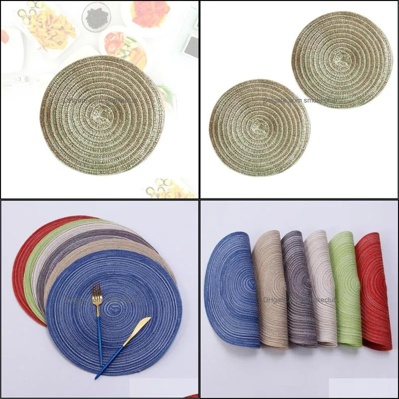 Mats & Pads Round Cotton Linen Woven Placemat Western Food Pad Kitchen Non-slip Heat Resistant Table Mat For Dining (Golden,