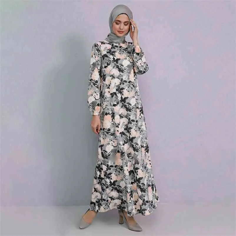 Women Floral Print Ankle Length Shirt Dress Long Sleeve Retro es Female Party 's Muslim 210514