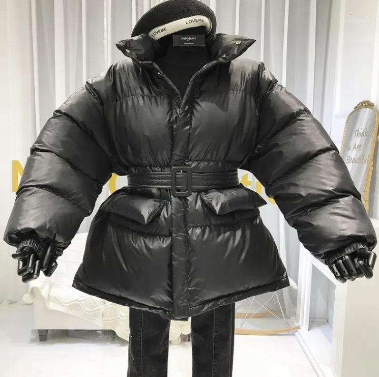 Mulheres para baixo parkas casaco de inverno senhoras parker brilhante superfície espessa algodão casual casaco solto cinto 2021