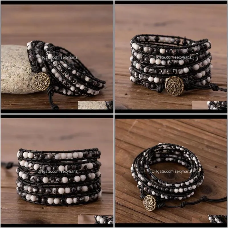 strands 4mm black zebra beads leather bracelet boho wrap around classic braided gift for friend drop tennis