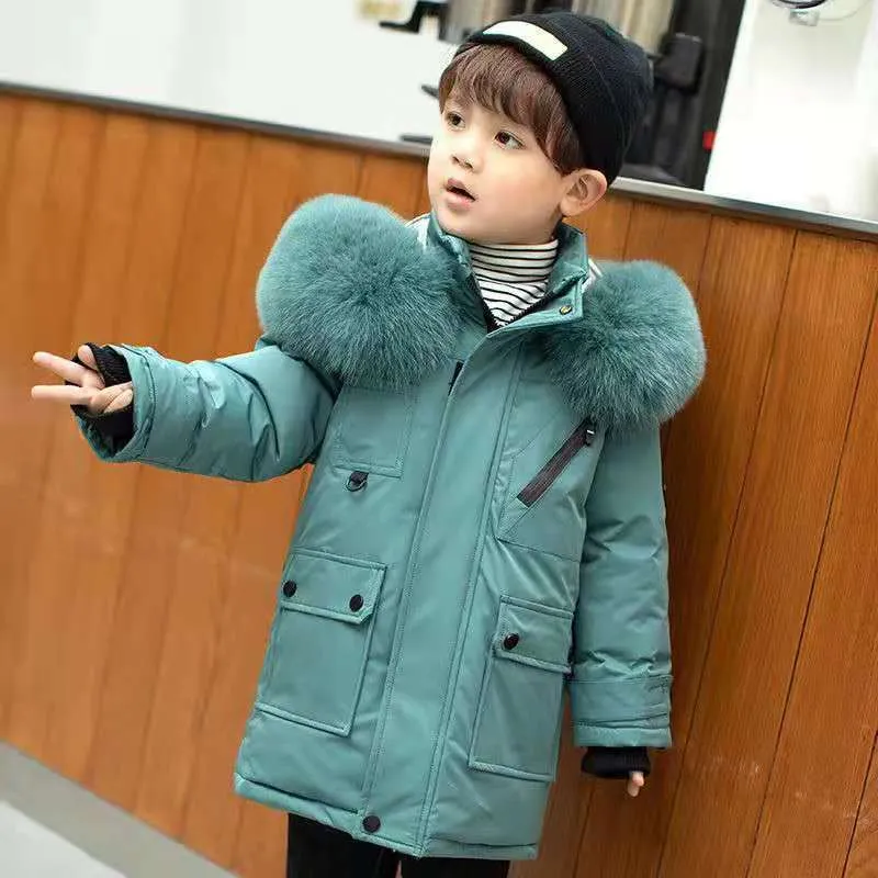 Piumino per bambini moda invernale Cappotto spesso con cappuccio lungo stile straniero per ragazzi