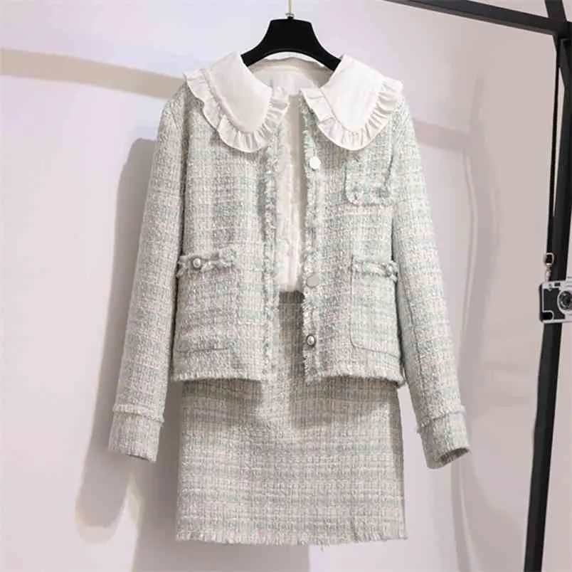 Plaid Woolen 2 Stück Set Frauen Outfits Tweed Jacke Mantel + Minirock Anzüge Herbst Winter Koreanische Elegante Vintage Zwei 210514