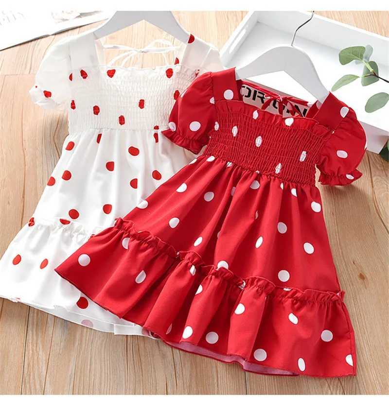 Children's Korean Girl's Dresses Wholesale Sweet Wind Lace Pastoral Polka Dot Kids Clothing European And American Snow Spinning Medium Length Skirt