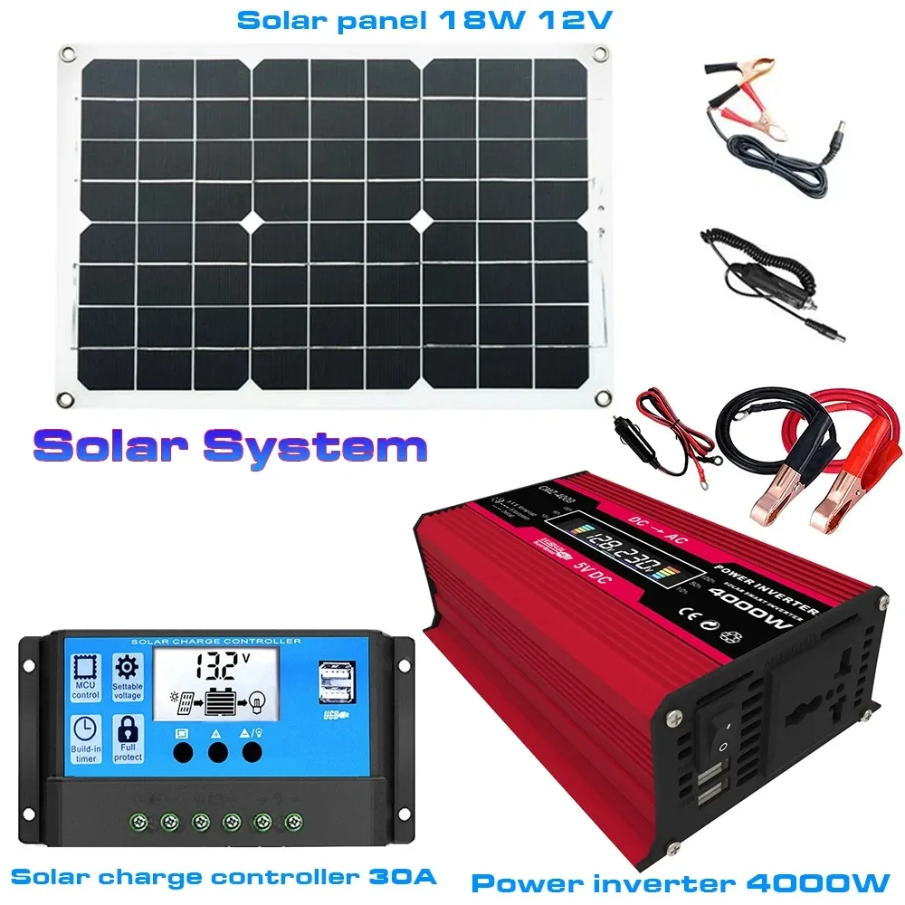 Solar Power Generation System 18W Panel + 4000W Inverter med dubbla USB-laddare Ports + 30A Controller Set - 12V till 220V svart