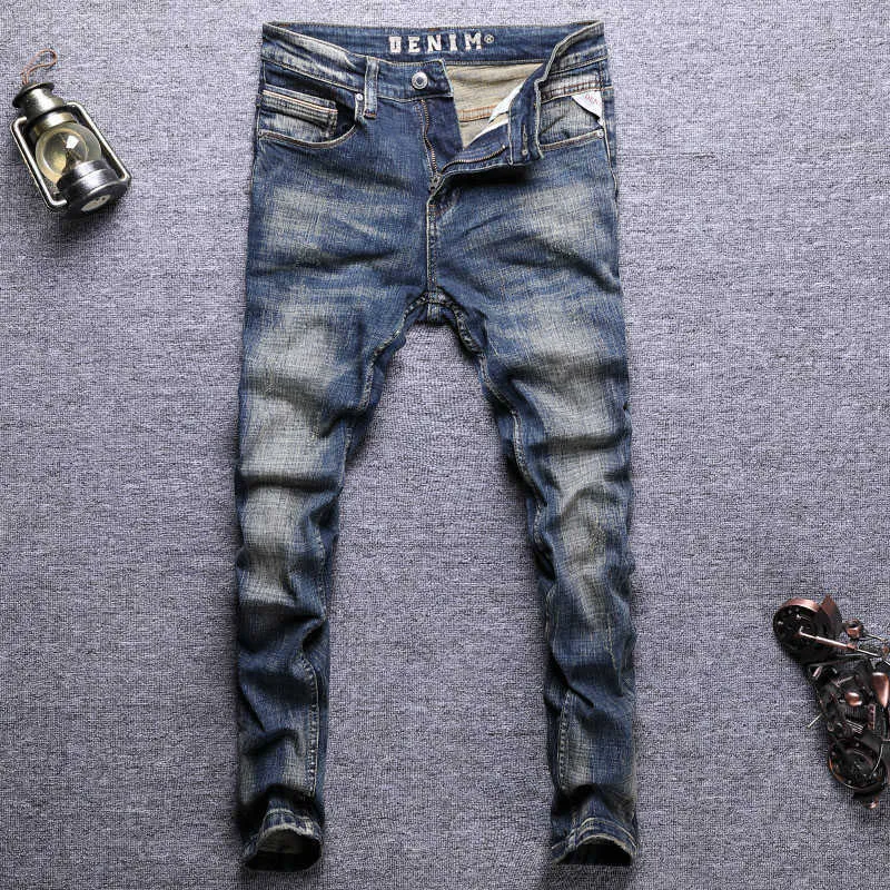 Ly Vintage Fashion Men Jeans Retro Dark Blue Elastic Slim Fit Ripped Distred Designer Stretch Casual Denim Pants NKCY