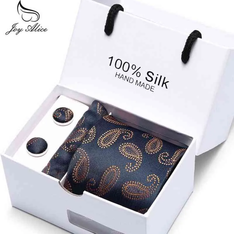 Joy Alice Wedding Men Men Sect Dies Box Cacking Men Brand Luxury Sktie Pocket Square Silk Set Set Mufflinks Handkerchief Y1229
