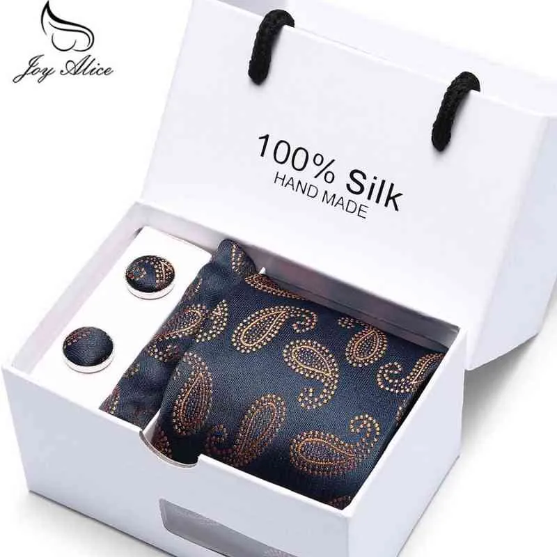 Joy Alice Wedding Men Men Ties Box Box Packing Men Man Brand Luxury Gcoectie Pocket Square Silk Tie Set Cufflinks Handkerchief Y1229