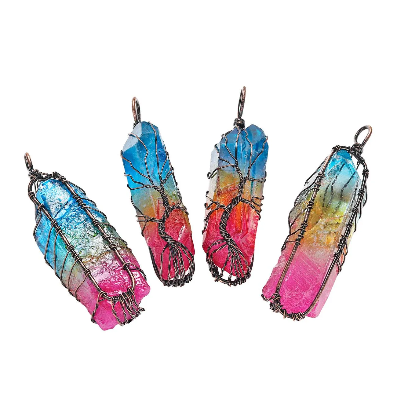 Arbre de vie titane enduit arc-en-ciel roche Quartz Chakra cristal collier fil de cuivre enveloppé irrégulier guérison rugueuse pointu Gemst2091