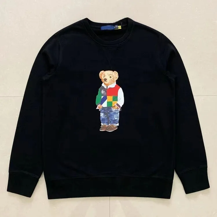 Suéter estampado de urso masculino, pulôver de algodão para outono e gola redonda, camisa de manga comprida padrão americano casual top254e