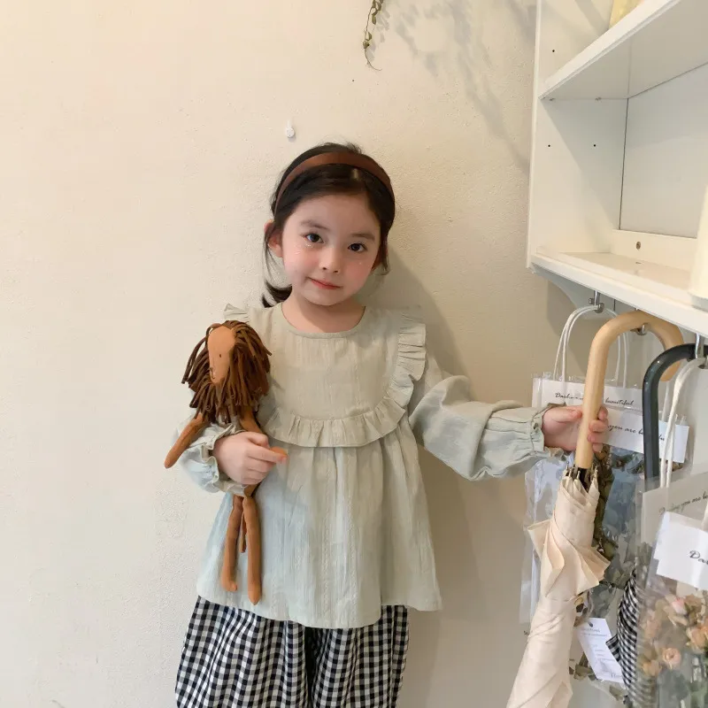 韓国風の春のコットンライトグリーンかわいい緩い長袖ブラウスの女の子の柔らかいカジュアルトップス服210508