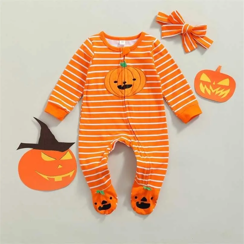 MaBaby 3-12M 1. Halloween geborenes Kleinkind Baby Mädchen Kostüme Gestreifter Kürbis Overall Niedliche Strampler Party Kleidung Stirnband D84 211101