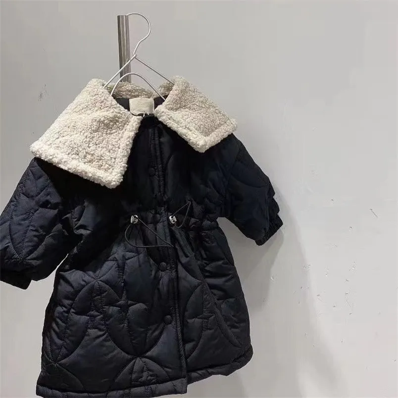 Korean Style Winter Baby Girls Cotton-padded Thicken Long Coat Children Overcoat Solid Color Kids Warm Princess Outerwear 211203