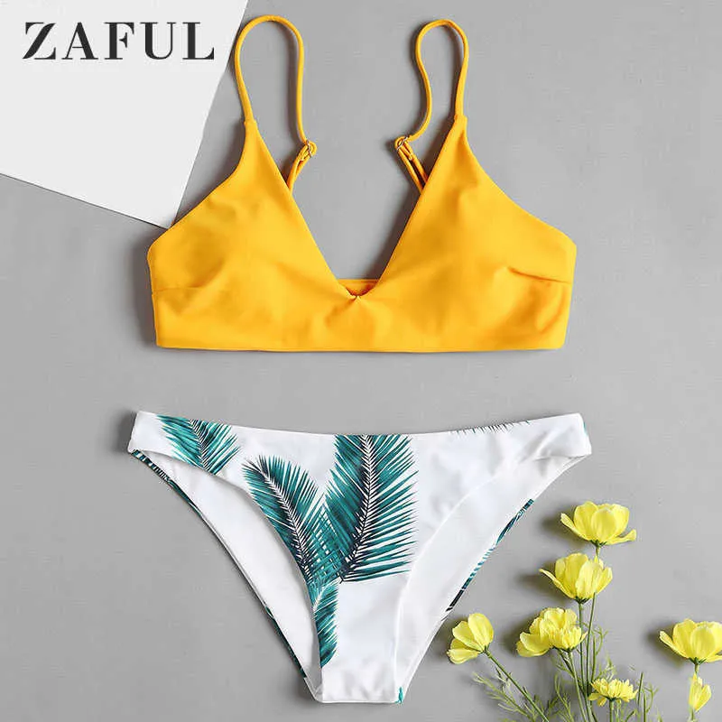 ZAFUL Reggiseno imbottito da donna Pantaloni con stampa a foglie floreali Cinghie senza spalline Set di bikini tropicali Costumi da bagno sexy Costumi da bagno estivi Feme Y0820