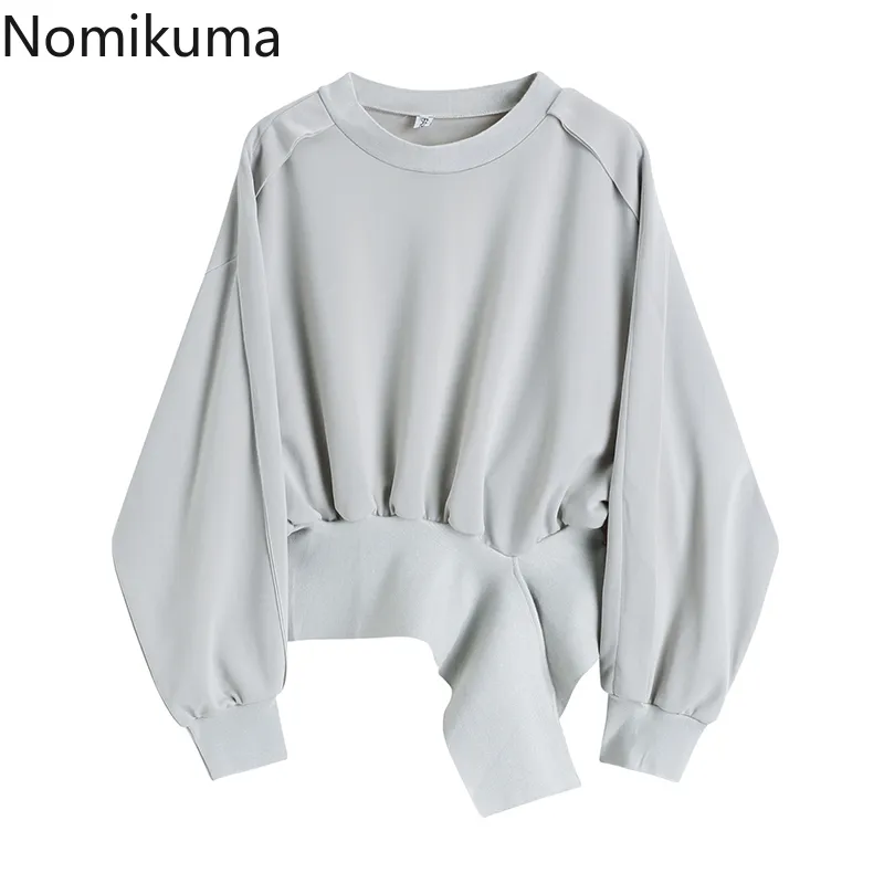 Nomikuma Spring New Women Hoodies Causal Long Sleeve Irregular Split Patchwork Jumper Korean Short Sweatshirt 6E063 210427