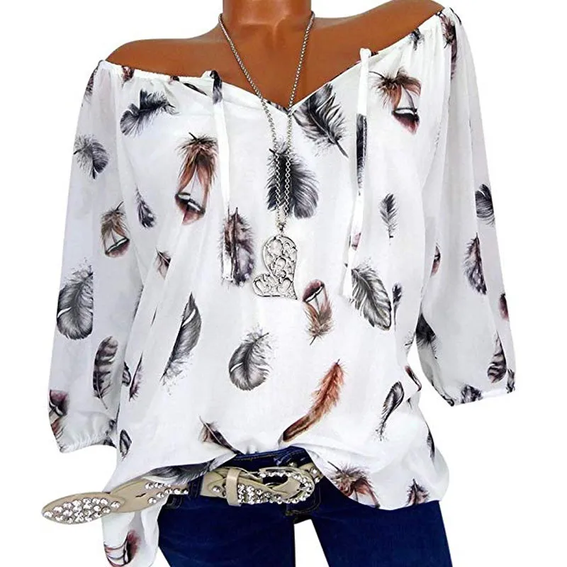 Plus Size Chiffon Blouse Dames 2019 Half Mouw Veer Print Big Size Tuniek Top Zomer Sexy Femme V-hals White Blouse Top Shirt X0521