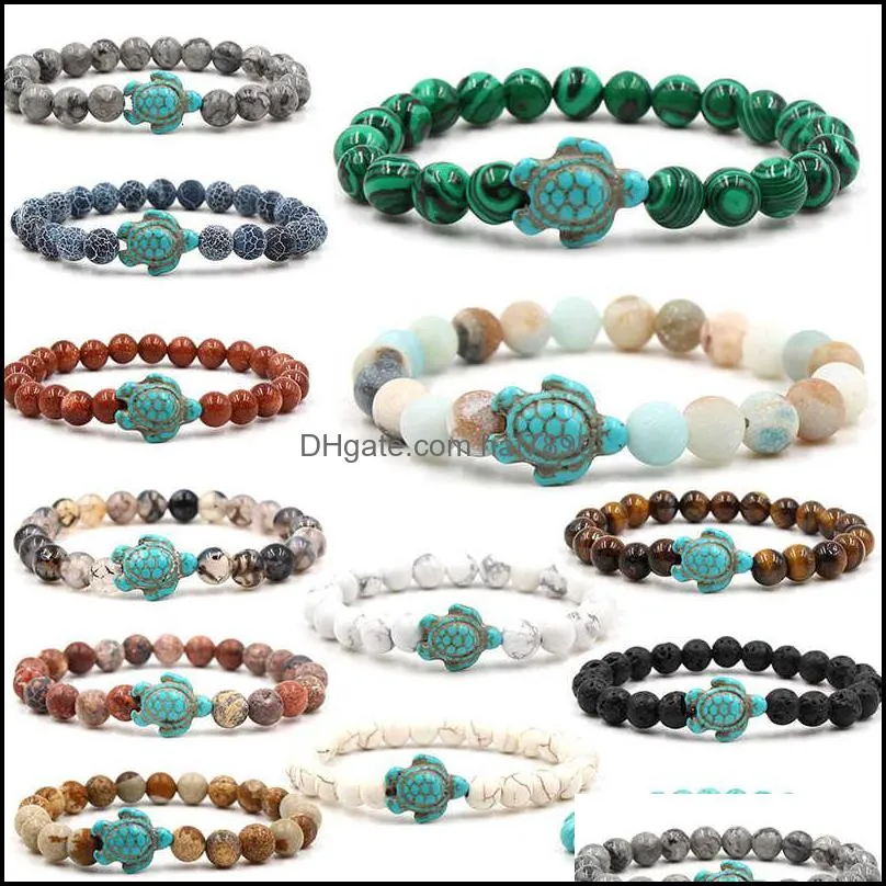 Beaded, Strands Bracelets Jewelry Brand Bracelet And Parts Beaded Natural Stone Blue Tortoise Strand Sea Turtle Charm Agate Tiger Eye T Drop