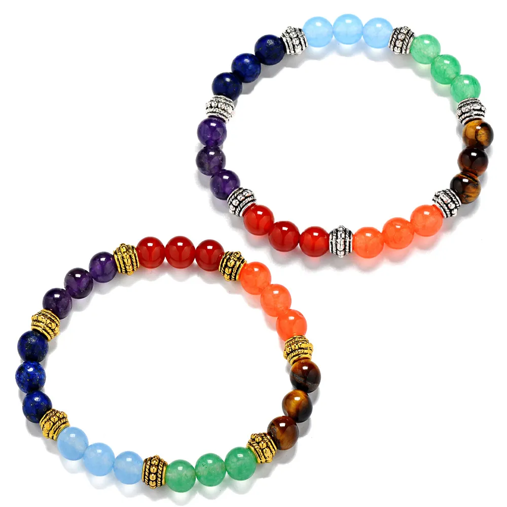 7 Chakra's Natuursteen Armband Paars Crystal Tiger Eyes Stone Beads Armband Seven Puls Ronde Yoga Energy Stone Armbanden