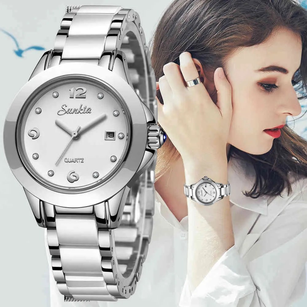 Relogio Feminino SUNKTA Frauen Quarzuhr Mode Sport Casual Keramik Uhr Weibliche Kristall Diamant Frauen Uhren Für Frauen + Box 210517