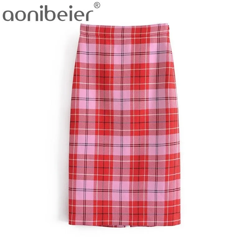 Kobiety Red Plaid Plised Midi Spódnica Faldas Mujer Vintage Side Side Biuro Panie Eleganckie Chic Mid Calf Spódnice 210604