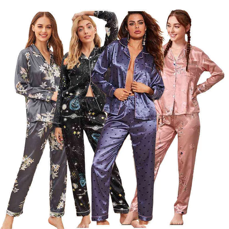 Pyjama Femme 2 pièces Set Femmes à manches courtes Pyjamas Automne Satin  Soie Pantalon Costume Pyjamas Set Pjs Mujer Pijama Sleepwear
