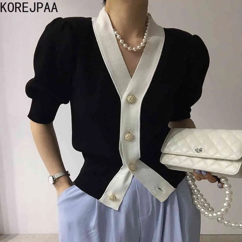 Femmes pull été coréen Chic fille élégant tempérament col en v simple boutonnage décontracté manches bouffantes tricot Cardigans 210514