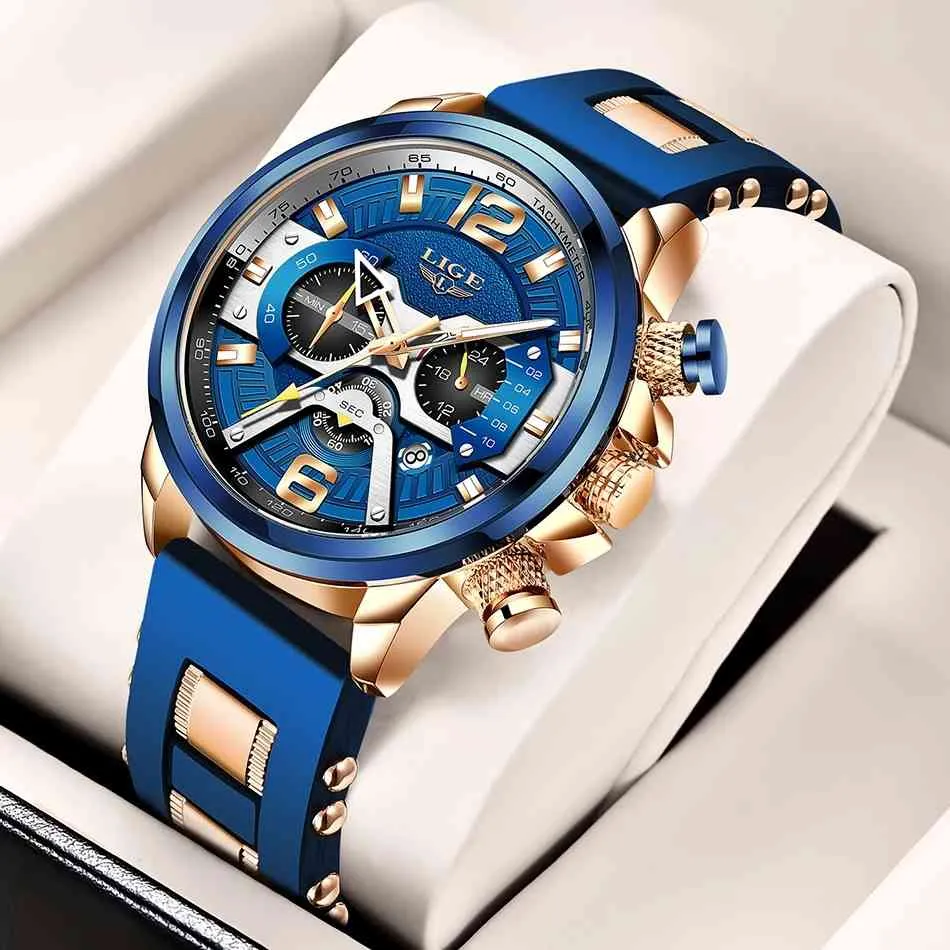 LIGE Top Marka Luksusowy Sport Zegarek Kwarcowy Mężczyźni Wojskowy Silikonowy Zegarek Wrist Watch Man Casual Wodoodporne Chronograf Zegarki 210517