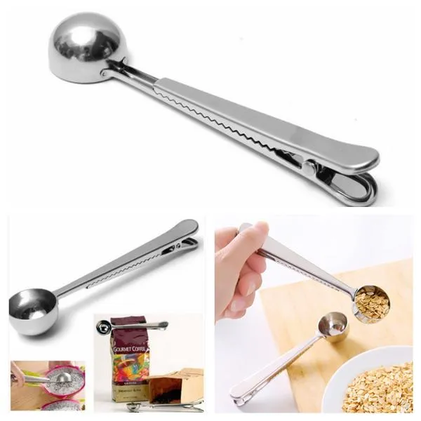 Coffee Measuring Scoop Spoon With Sealing Clamp Multifunctional Stainless Steel Seasoning Tea Measure Spoons Kitchen Tool WLL364