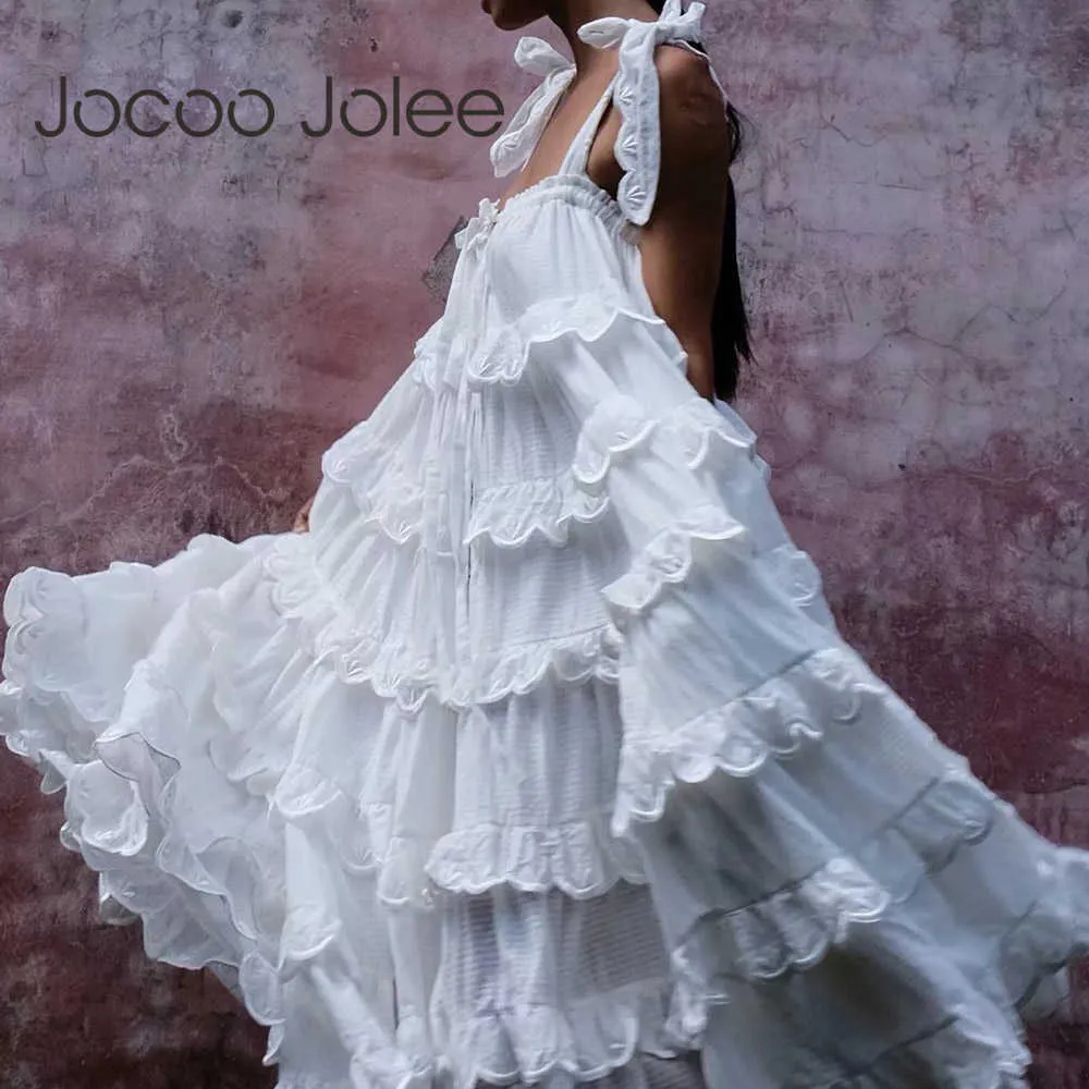 Jocoo Jolee Women Elegancki pasek Bez pleców luźna długa sukienka swobodna słodka koronkowa marszczyki midi sukienka vintage białe vestidos mujer 210619