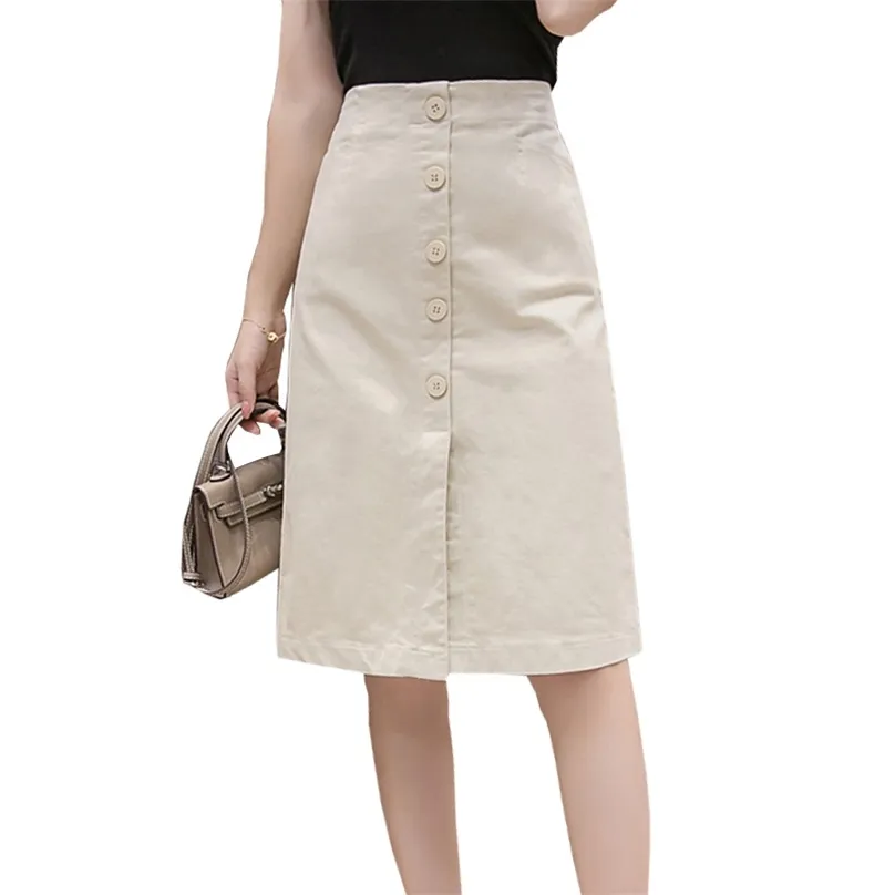 Shintimes Faldas Mujer Moda Summer Knee Length Pencil Skirts Women Button High Waist Black White Split Vintage School Skirt 210629