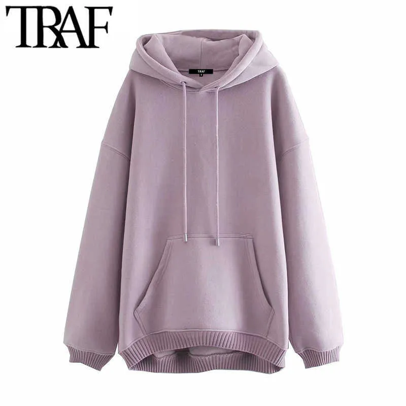 TRAF Mujeres Moda con bolsillos Sudaderas con capucha de gran tamaño Sudaderas Vintage Manga larga Fleece Mujer Jerseys Chic Tops Y0820