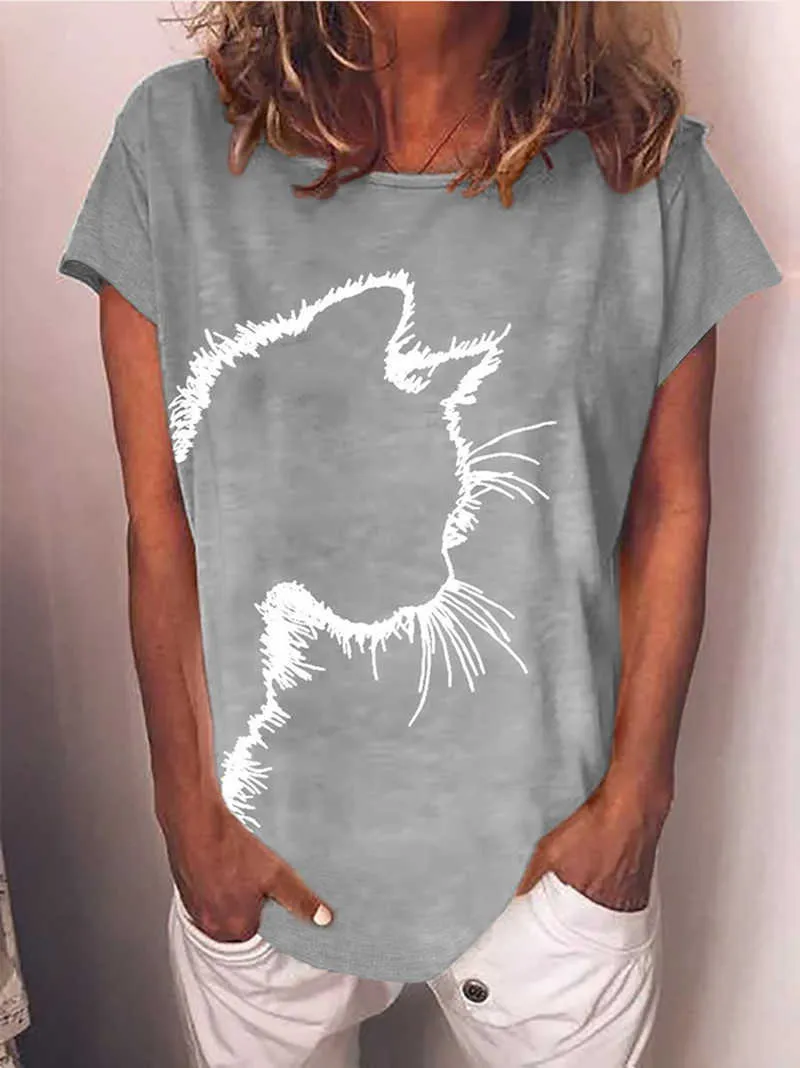 Femmes vêtements 2021 nouveau été décontracté femmes t-shirt drôle mignon chat impression 3D à manches courtes T-Shirts femmes dames mode hauts Tee Y0629