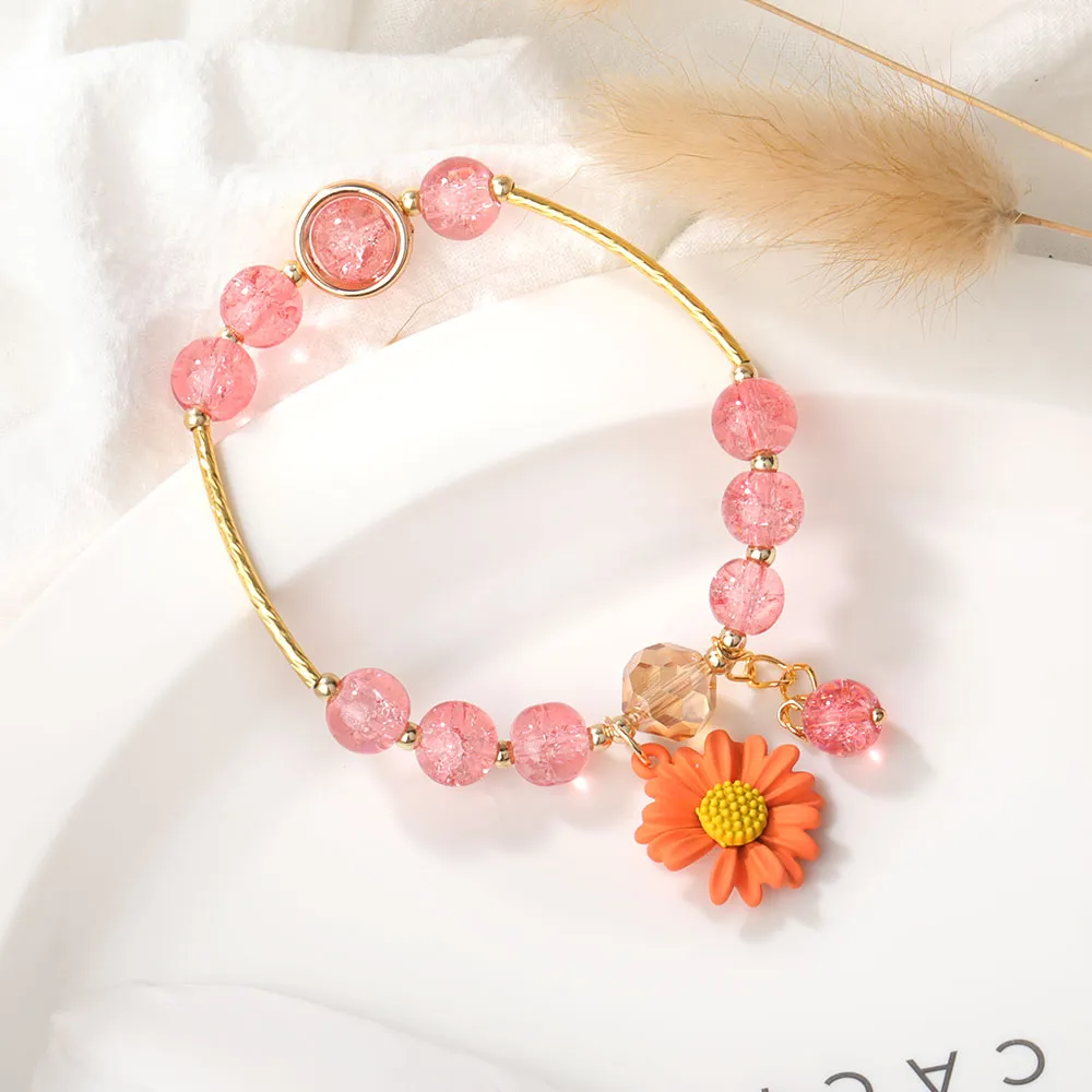 fashion sweet crystal beads strand bracelet for women girls adjustable size colorful daisy pendant bracelets jewelry gift