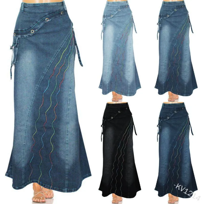 Skirts Vintage Denim Skirt For Women Retro SplicingSwing Fishtail Long