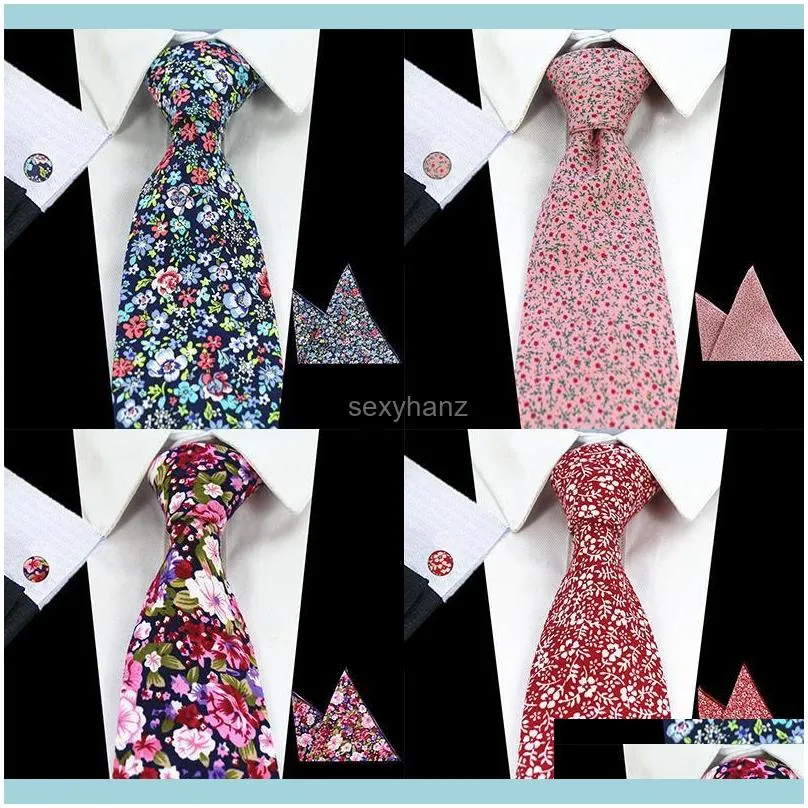 Mens New 8cm Classic Cotton Ties Fashion Retro Floral Ties Colorful Printed Party Neck Pocket Square Cufflinks Set