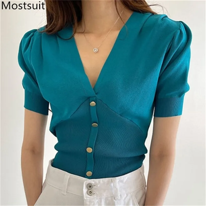 Verão coreano malha pulôver camisola mulheres manga curta v-pescoço único breasted tops slim elegante elegante moda senhoras jumpers 210513