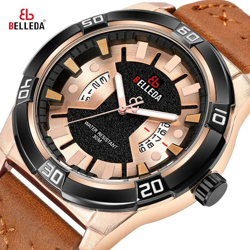 Wristwatches Leather Fashion Luxury BELLEDA Brand Rose Gold Mens Sports Analog Dual Display Black Quartz Watch Men Watches