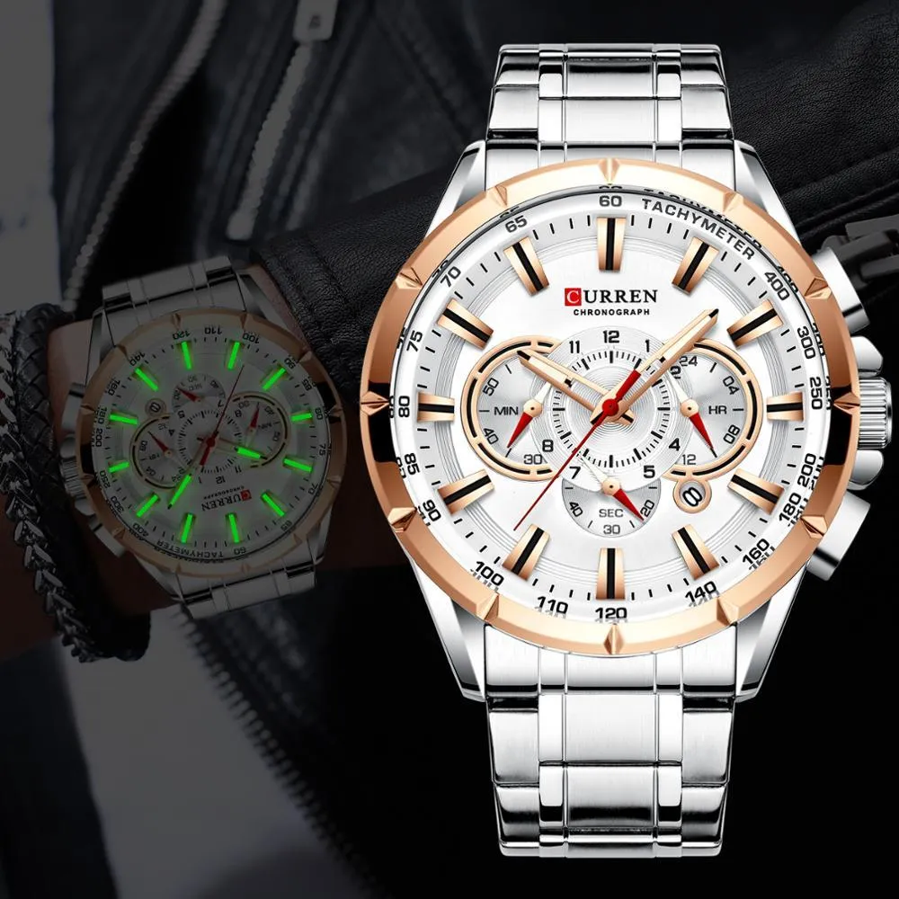 Curren Mens Watches Top Luxury Marca Quartz WristWatch Aço Inoxidável Cronógrafo Big Sport Assista com Data Relogio Masculino 210517