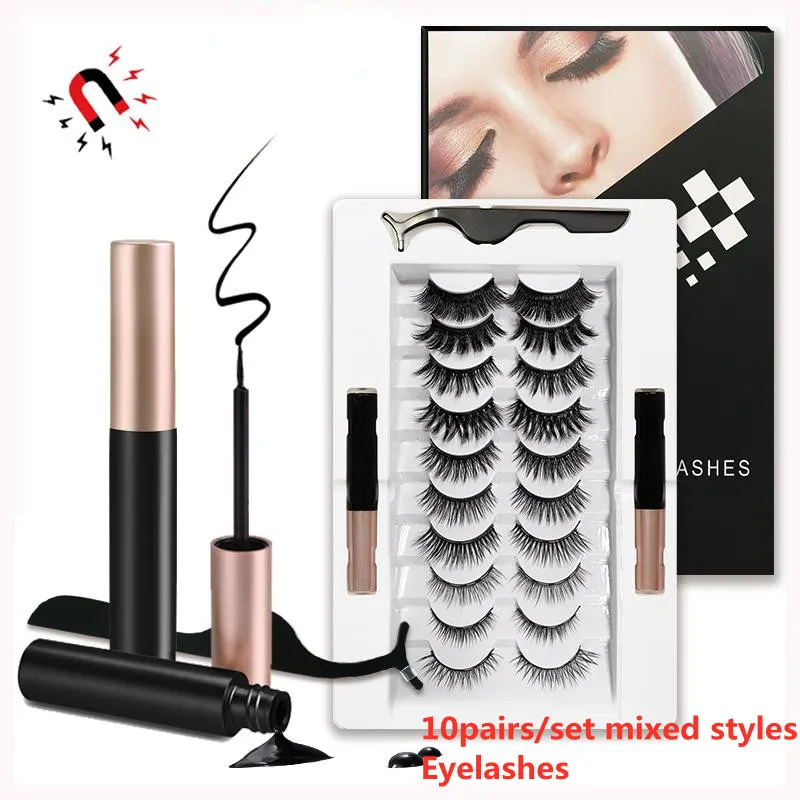 Manyetik Kirpikler Eyeliner ve Cımbız ile 10 Pairs Mix Stilleri Manyetik Yanlış Kirpikler Sıvı Eyeliner Makyaj Seti Yeniden Kullanılabilir Lashes Tutkal gerekli