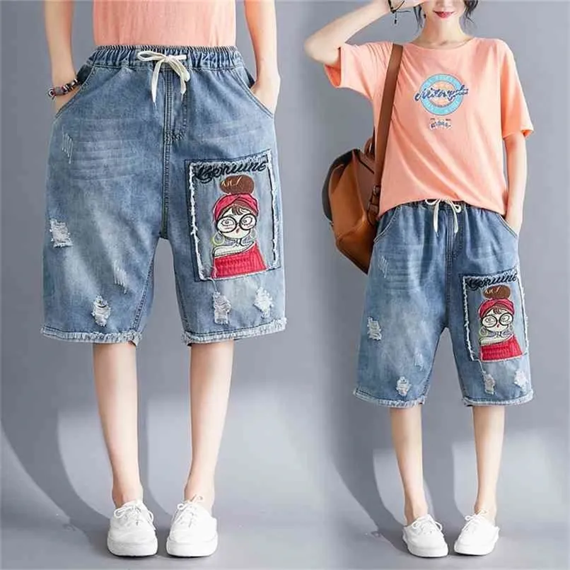 Frauen Sommer Denim Shorts Elastische Kordelzug Stickerei Cartoon Patchwork Vintage Ripped Loch Casual Streetwear Für Büro Dame 210714