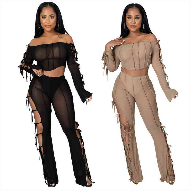 Women Set Bandage Hollow Out Solid Full Sleeve Slash Neck Crop Tops Skinny Pants Two 2 Piece Sets Sexy Outfits Autumn 211115