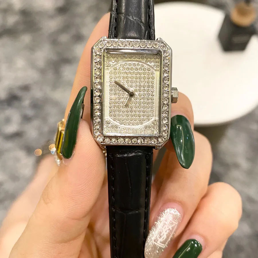 Zegarki marki Kobiety Dziewczyna Kryształ Prostokąt Styl Skórzany Pasek Kwarcowy Wrist Watch Cha42