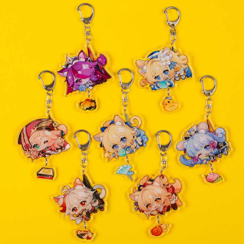 キーリングGenshin Impact Kaedehara Kazuha Barbara Gunnhildr Acrylic Keychain Badge Cartoon CosplayキーチェーンプロップアクセサリーG230210