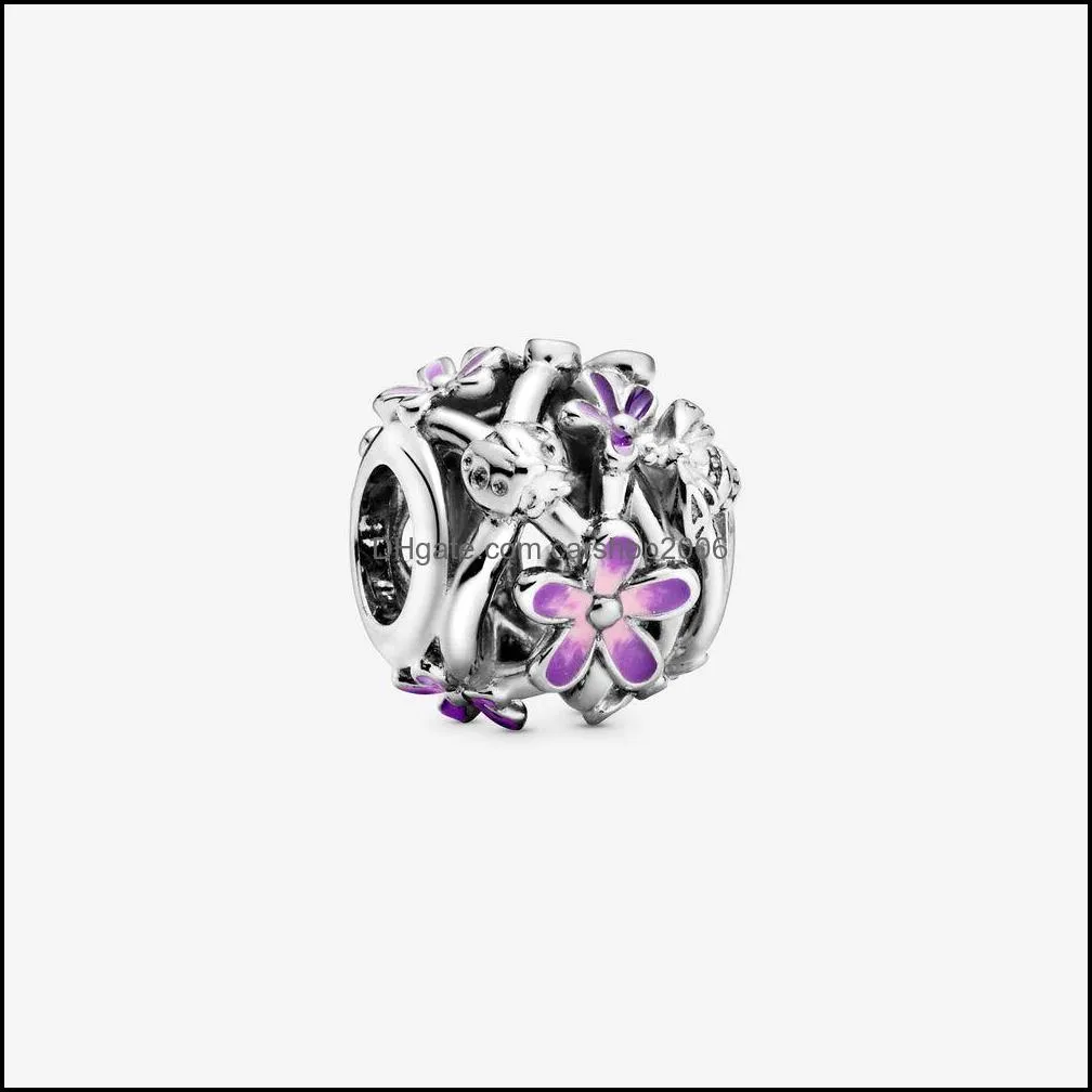 Uroki biżuterii Odkrycia Komponenty Przyjazd 100% 925 Sterling Sier OpenWard Purple Daisy Charm Fit Fit Oryginalny europejski bransoletka moda Aesso