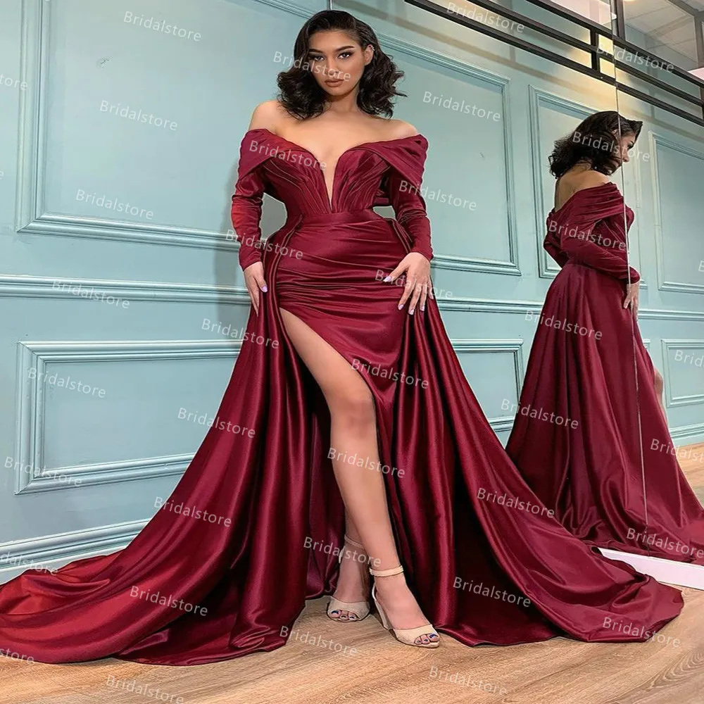 Dubai Arabska Syrenka Suknia Wieczorowa Overkirt Ogon Off Off The Ramię Z Długim Rękawem Burgundii Prom Dresses z Slit Plus Size Formalna spódnica Robe de Soirée Mariage