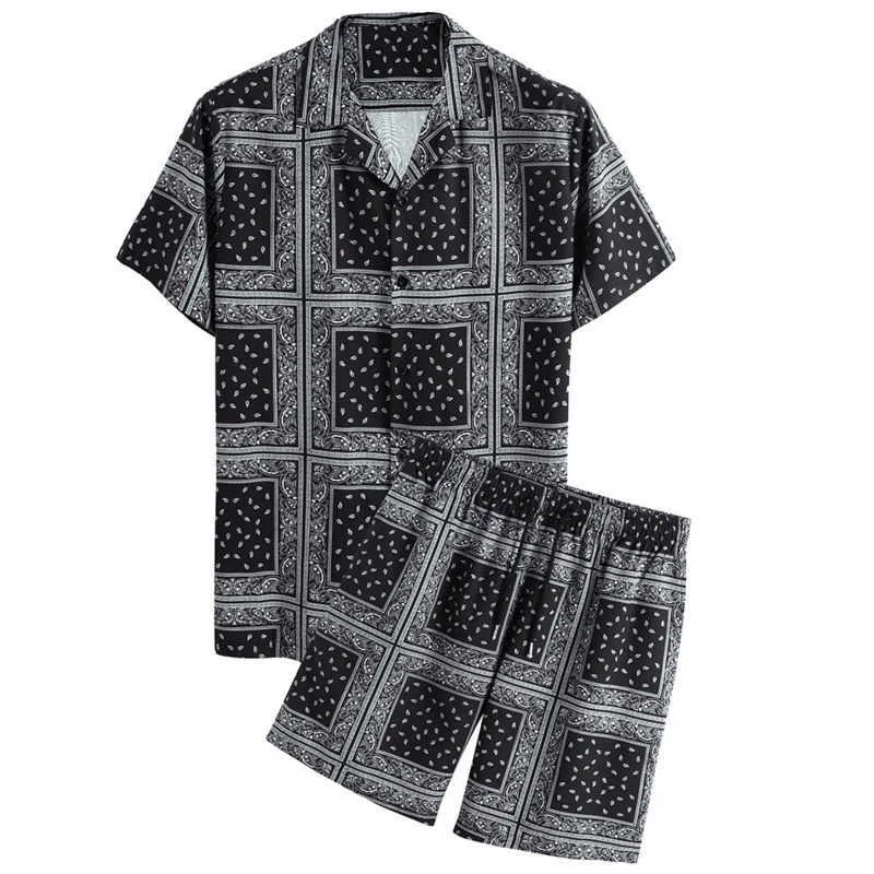 Мужские рубашки этнические печатные праздник повседневная рубашка с коротким рукавом + шорты мужские гавайана гомберы две части нарядов 210527