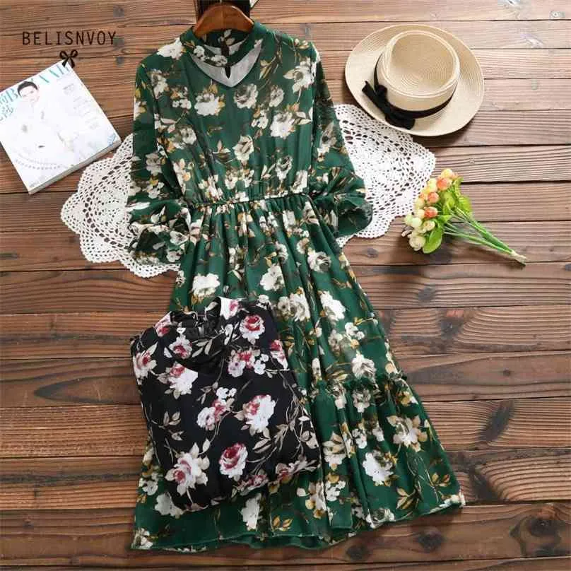 Mori Girl Jurk Lente Herfst Dames Lange Mouw Zwart, Groen Floral Print Chiffon Jurken Japanse kleding 210520