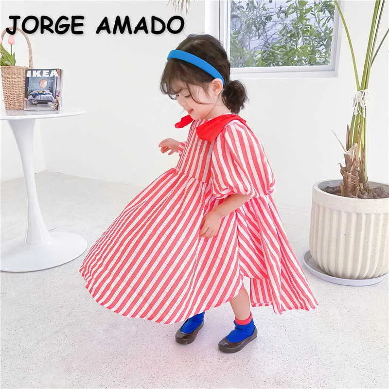 Estilo Coreano Verão Crianças Meninas Vestido Vermelho Striped Slow Slow Sleeves Bow Princesa Crianças roupas E9028 210610