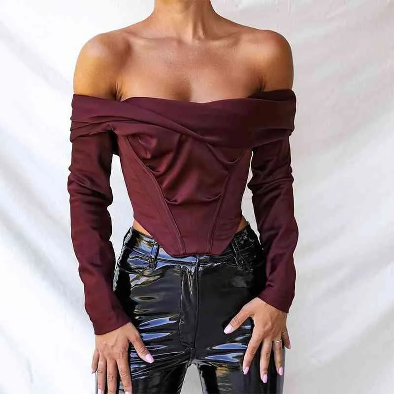 Women Off Shoulder Satin Corset Tops Long Sleeve Slash Neck Blouses Wine Red Elegant Shirts Sexy Backless Top Cropped Shirts Y220304