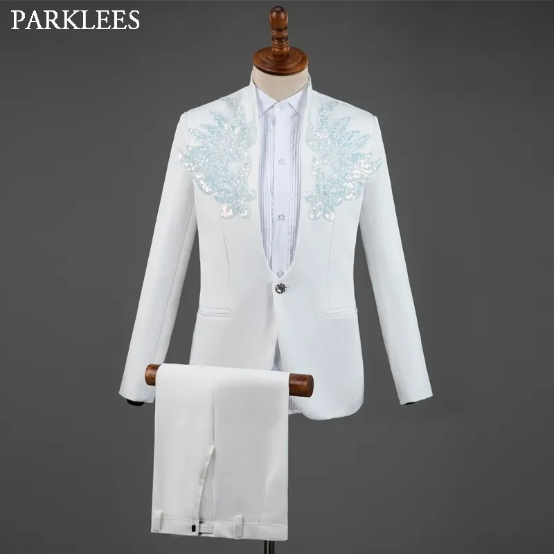 Białe Męskie Garnitury z spodniami Tuxedo Cekiny Męskie Garnitury Dla Scena Wedding Costume Homme Slim Fit Mens Garnitury Zestaw Luksusowy Gromowy Garnitur 210524